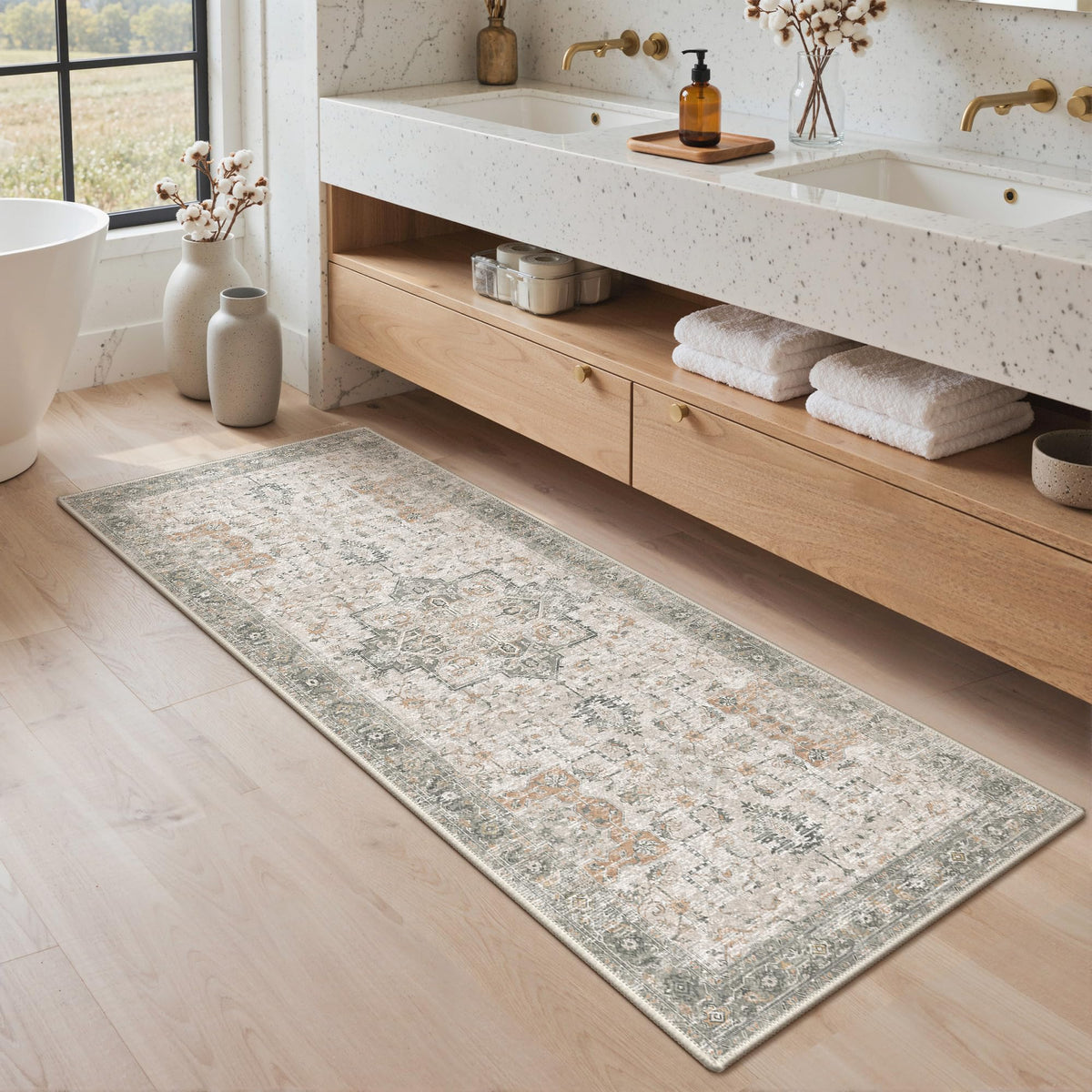 Blue Floral Boho Bath Mat, 24 x 17