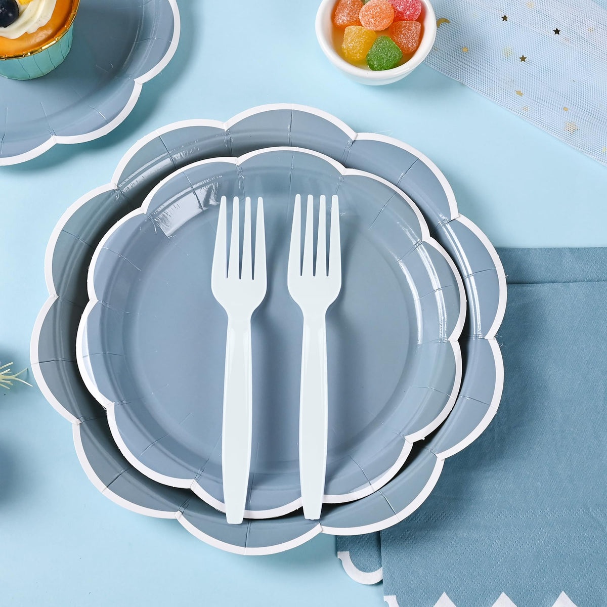 Blue Scalloped Paper Plates and Napkins, Serves 24