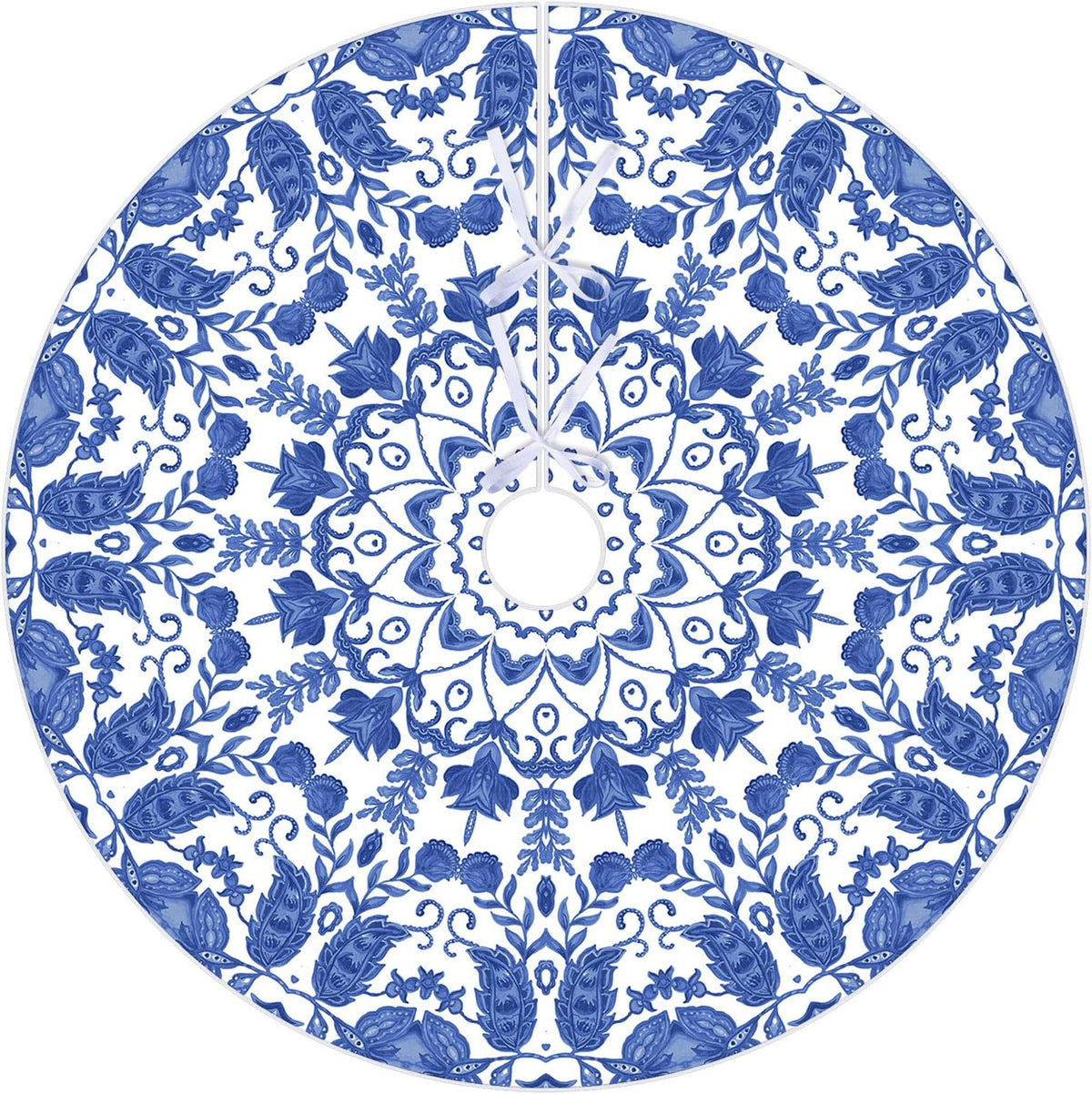 Blue and White Floral Velvet Tree Skirt, 48 Inch
