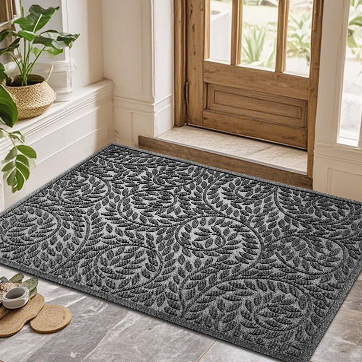 Blue Leaf Front Door Mat, Non-Slip Rubber