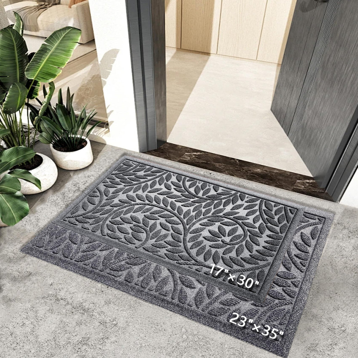 Blue Leaf Front Door Mat, Non-Slip Rubber