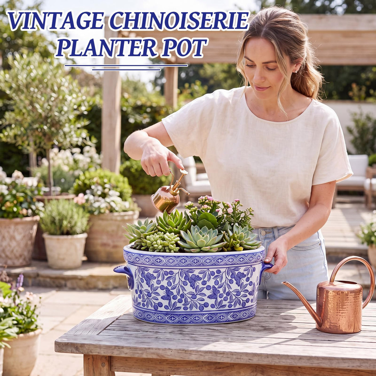 Blue and White Chinoiserie Oval Planter
