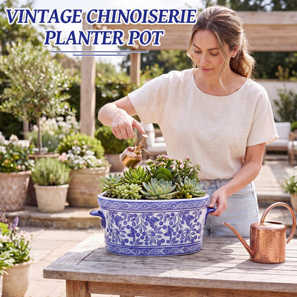 Blue and White Chinoiserie Oval Planter