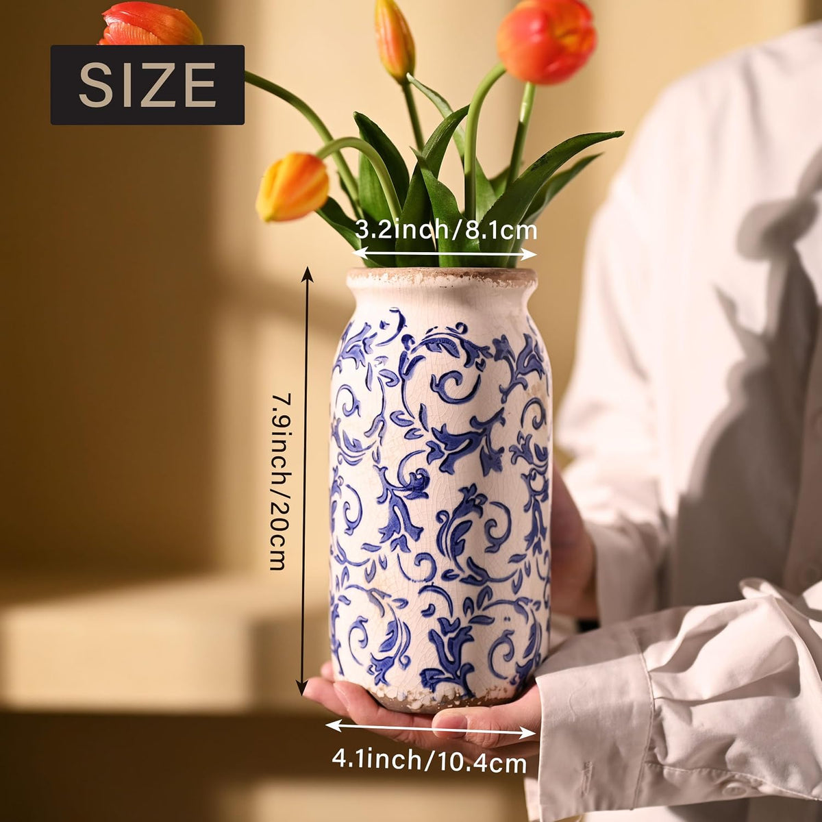 Victor & Teresa Rustic Blue and White Vase, 8"