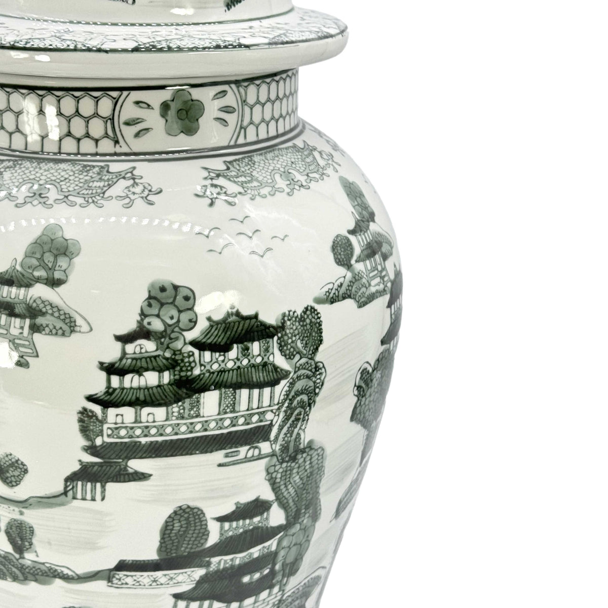 Large 25 Inch Blue and White Chinoiserie Temple Jar