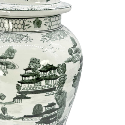 Large 25 Inch Blue and White Chinoiserie Temple Jar