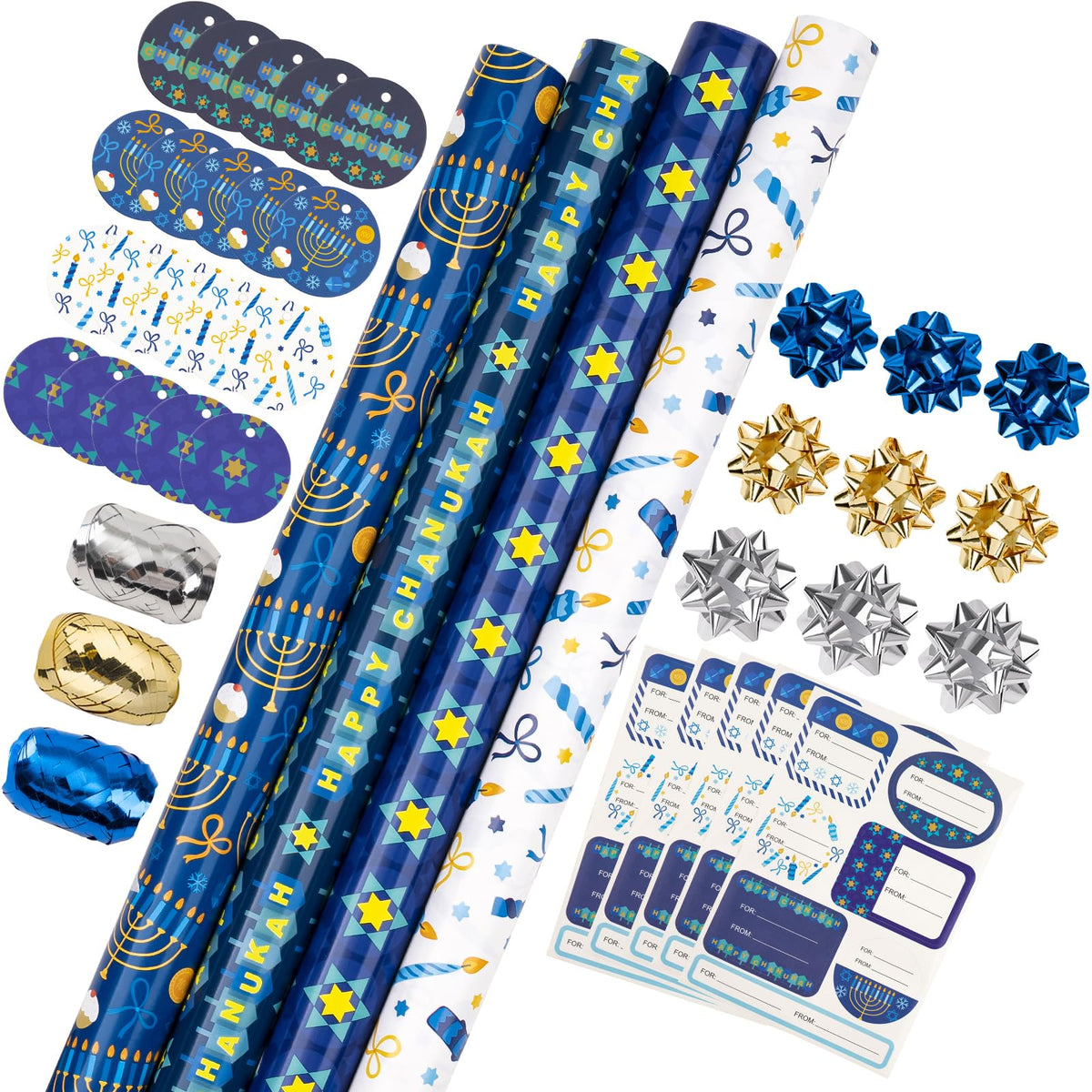 Christmas Wrapping Paper Rolls, Blue and Silver, 4 Rolls