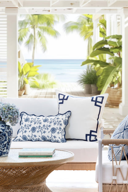 Navy Greek Key Outdoor Lumbar Pillow Cover, 12x20
