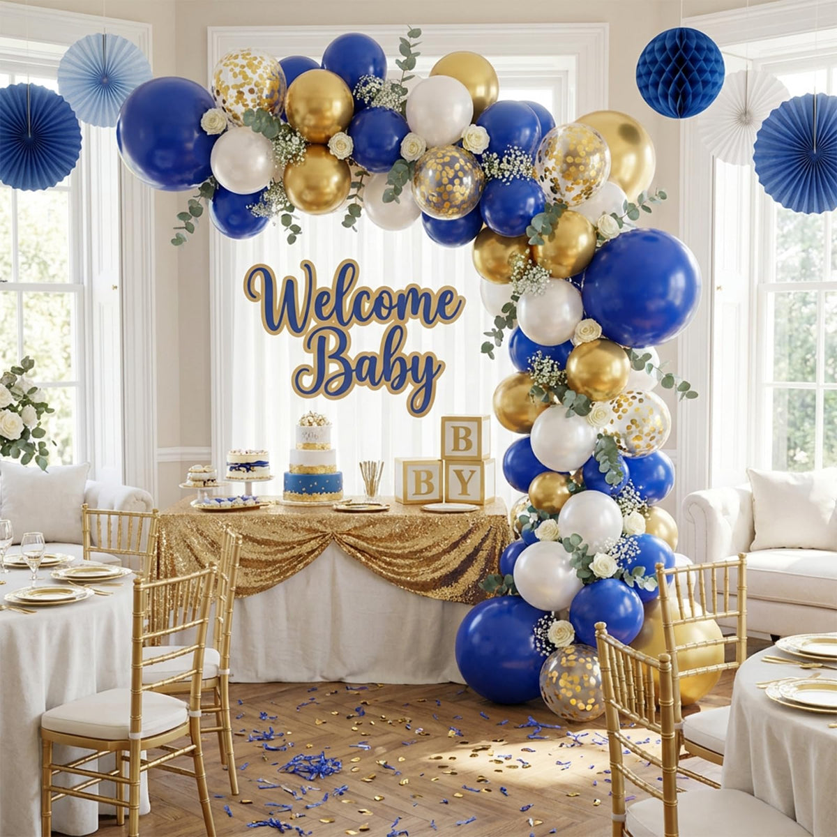 Royal Blue and White Confetti Balloons, 50 Pack