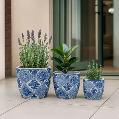 Blue and White Scenic Ceramic Planters, Set of 3