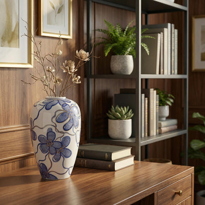 Hand-Painted Blue and White Vase with Gold Accents