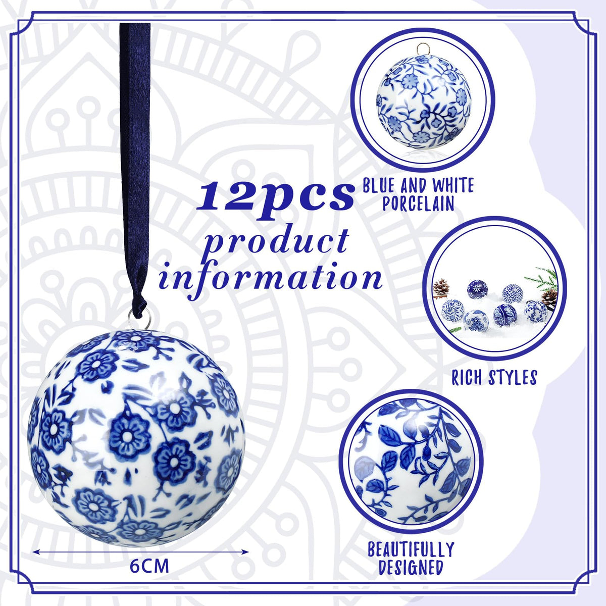 Blue and White Porcelain Christmas Balls, Set of 6 or 12