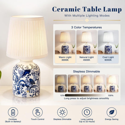 Blue and White Ceramic Cordless Lamps, Set of 2