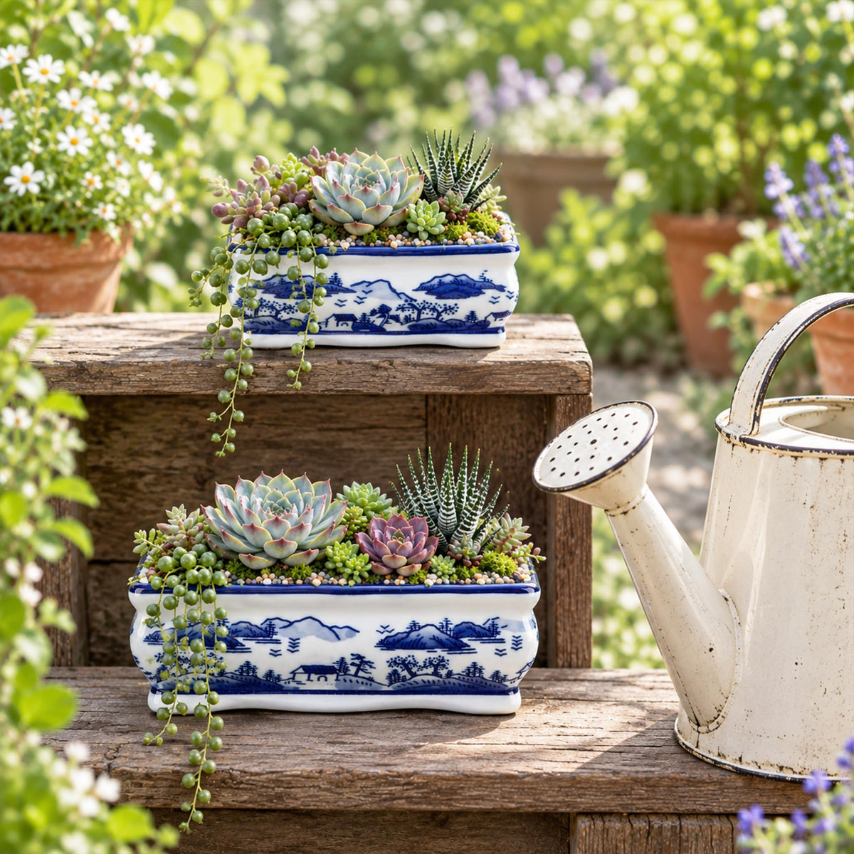 Blue and White Bonsai Pots, Set of 2