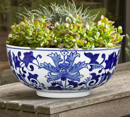 Blue and White Chinoiserie Bowl Planter, 9 Inch