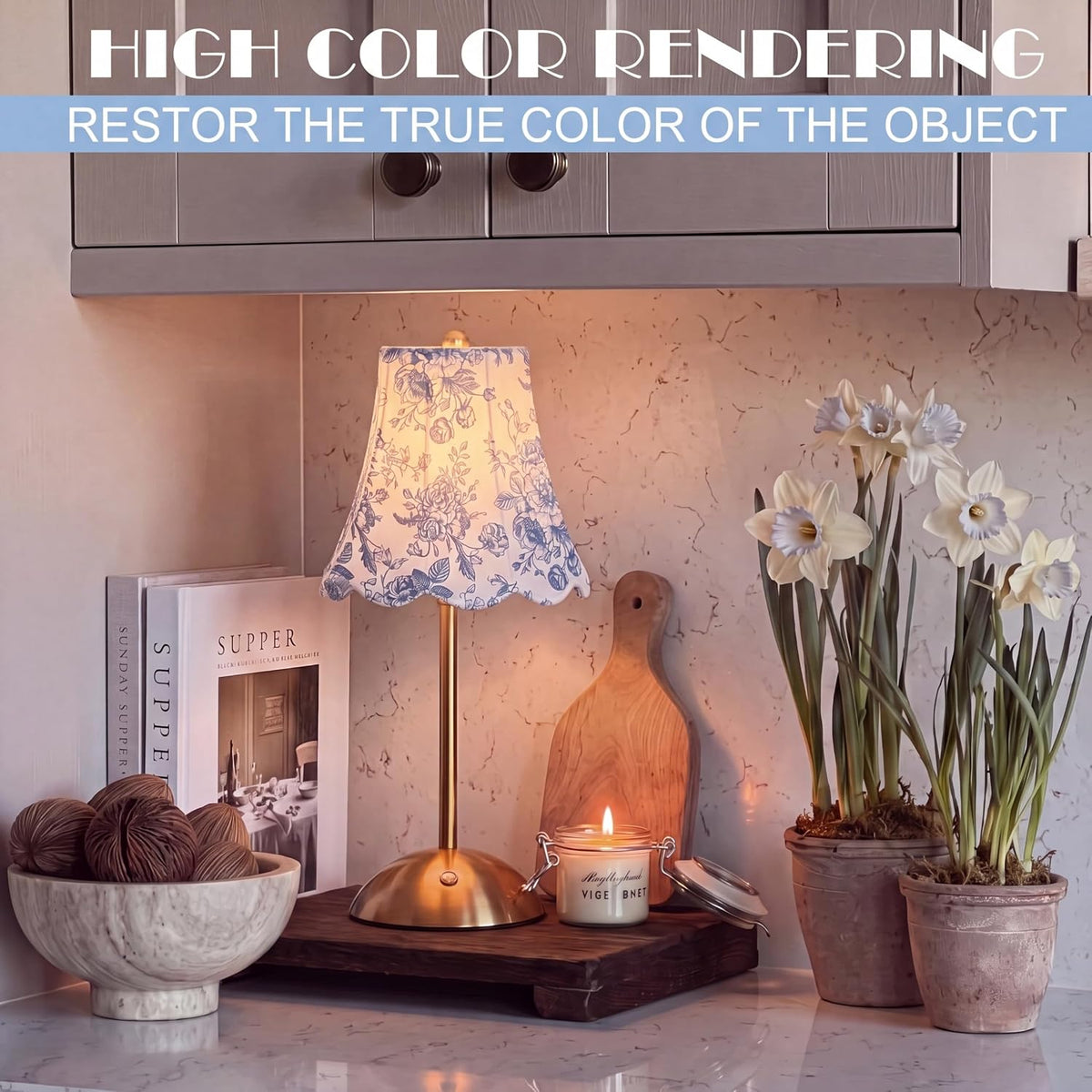 Blue Floral Cordless Table Lamp