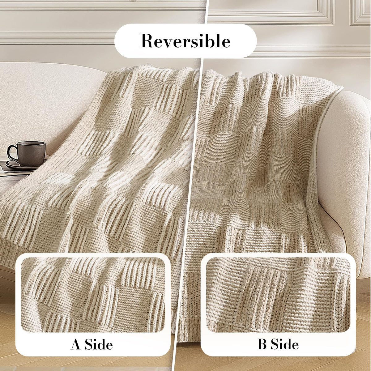 Checkered Knit Throw Blanket, Blue, 50 x 60 Inch