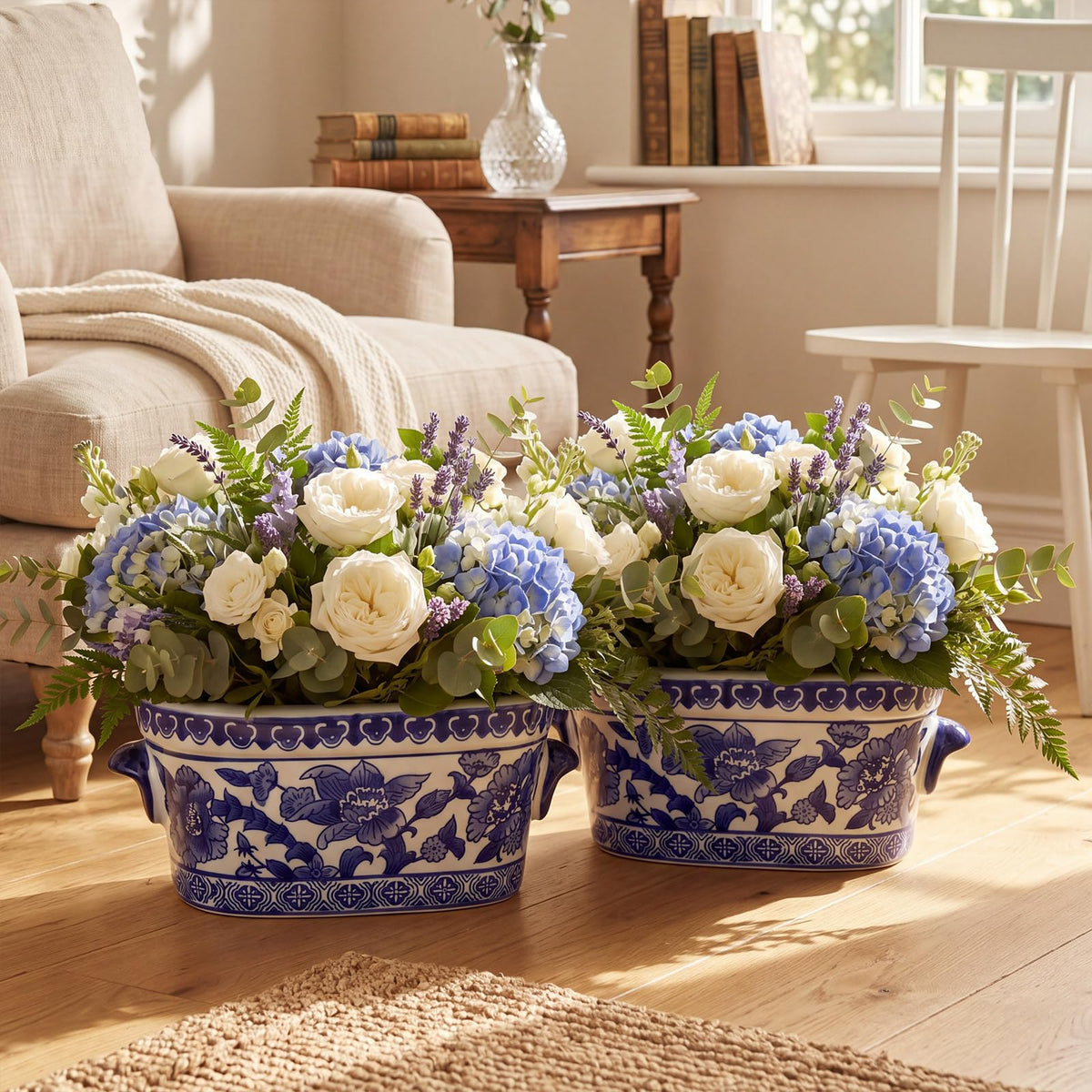 Blue and White Oval Chinoiserie Planters, Set of 2