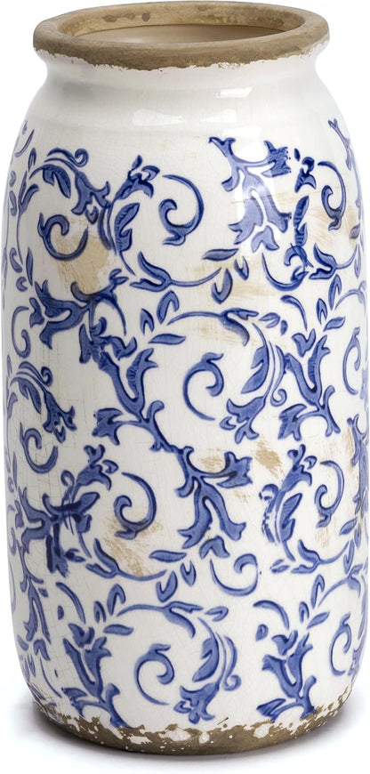 Victor & Teresa Rustic Blue and White Vase, 8"