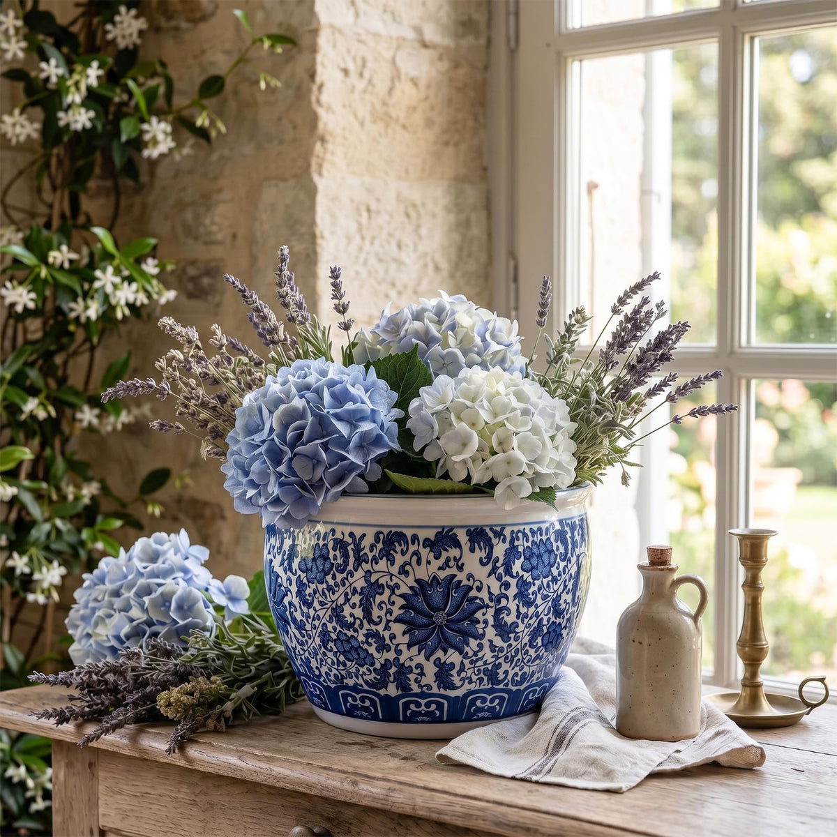 Blue and White Fishbowl Planter, 16 Inch