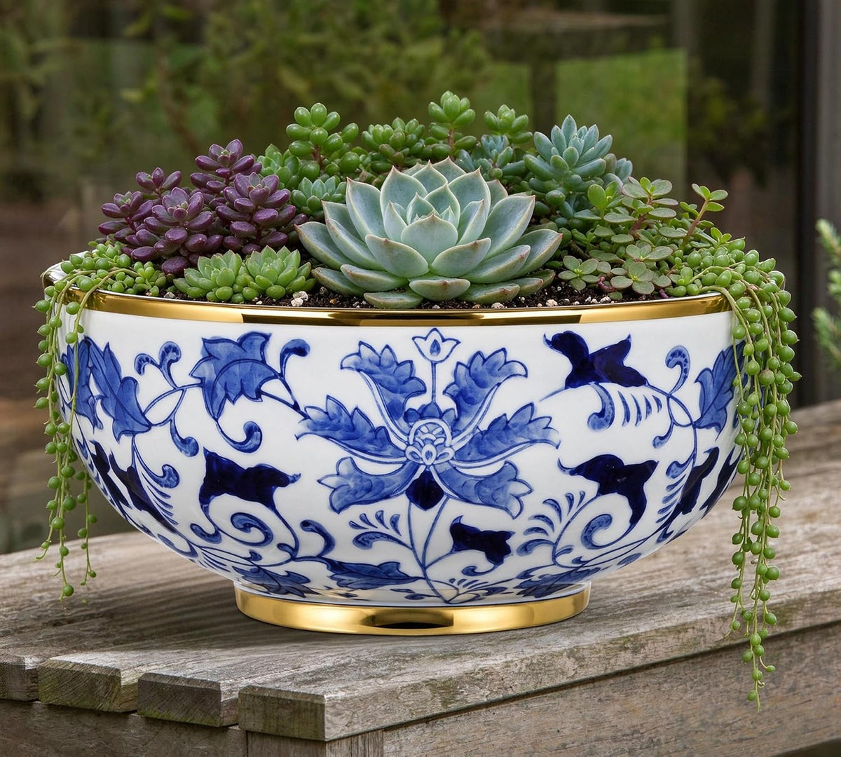 Blue and White Chinoiserie Bowl Planter, 9 Inch