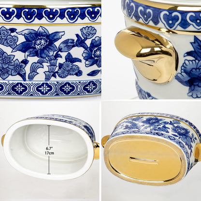 Blue Floral Oval Ceramic Cachepot, 10.6 in