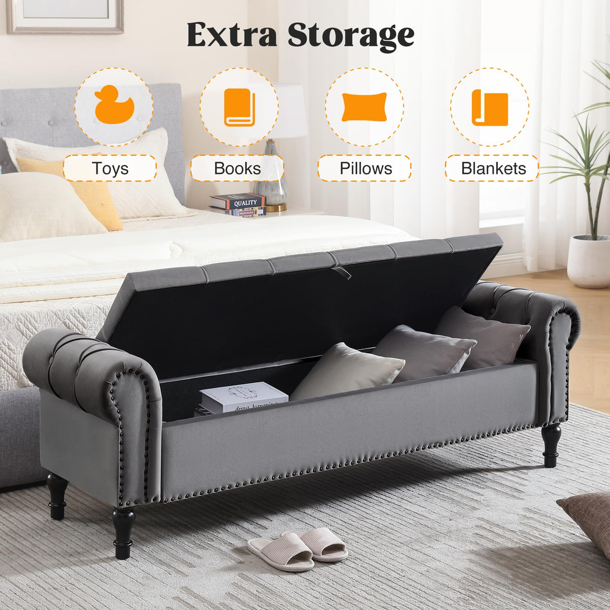 Navy Velvet Tufted Storage Bench