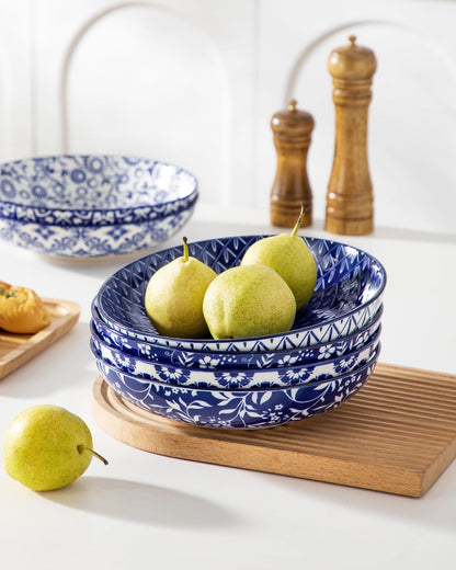 Blue and White Floral Pasta Bowls, Set of 6