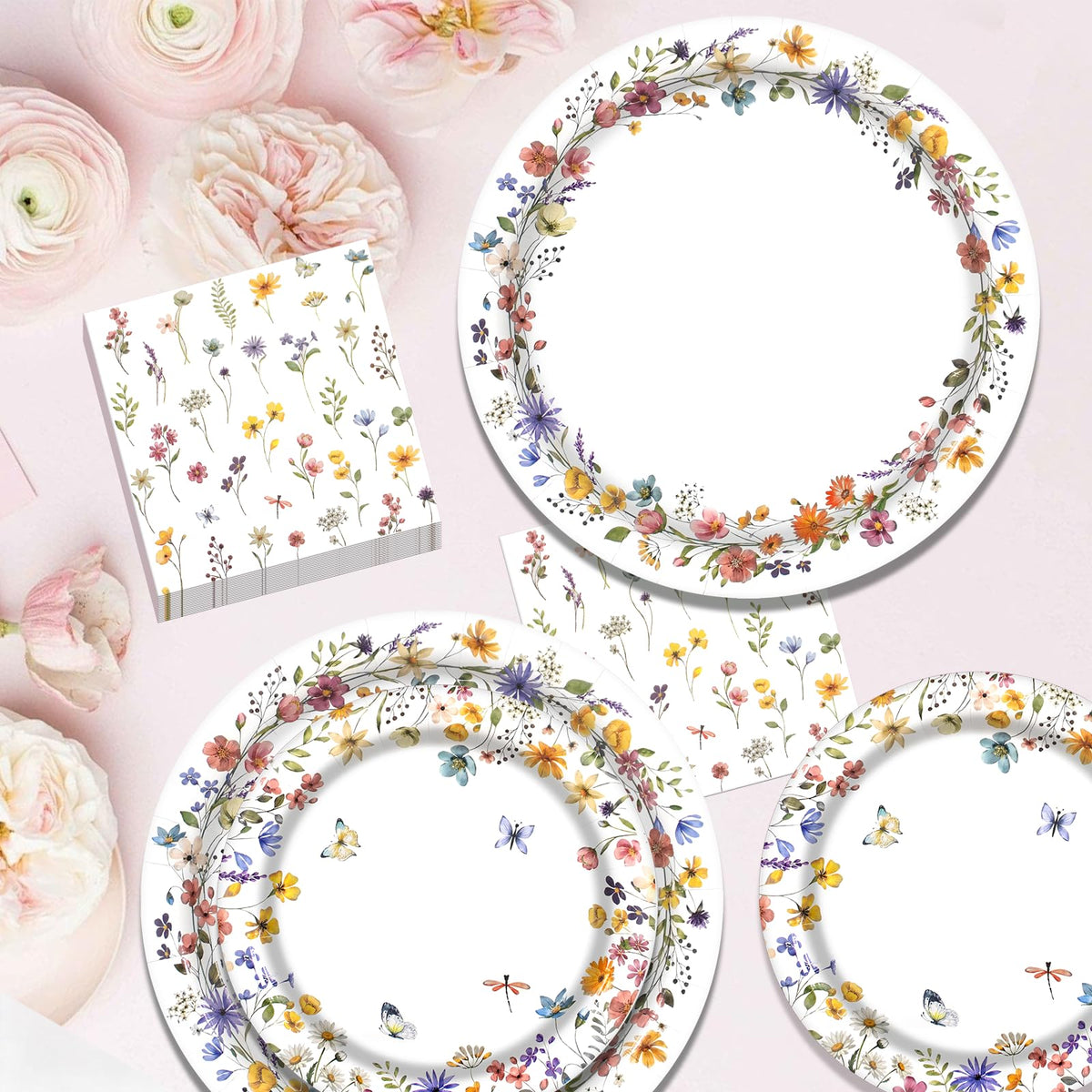 Blue and White Floral Paper Plates and Napkins, Serves 20