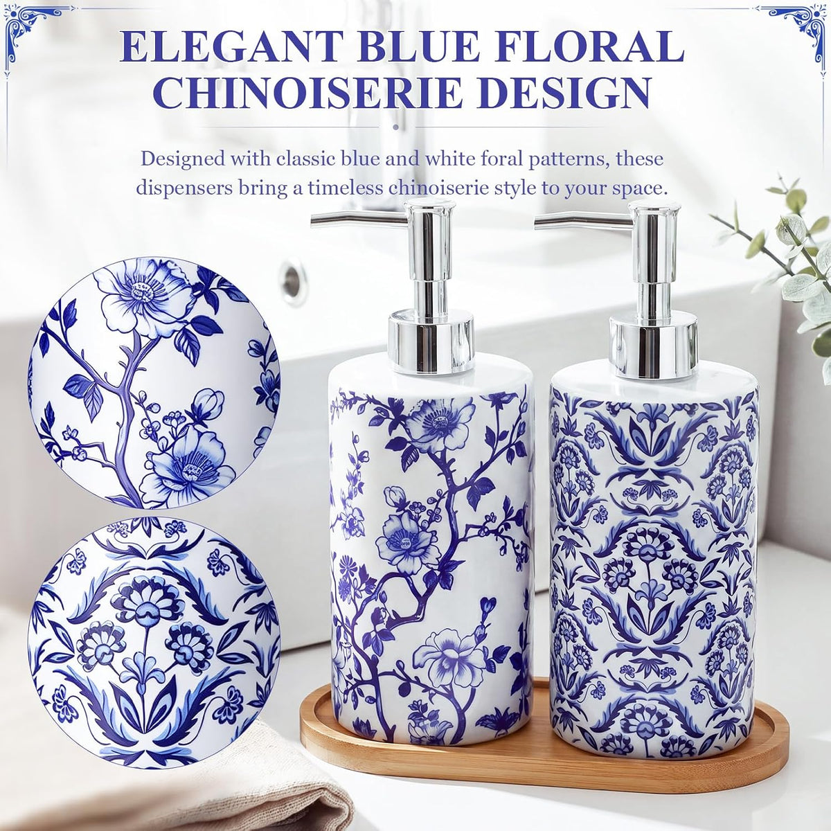 Blue and White Chinoiserie Soap Dispensers with Tray, Set of 2