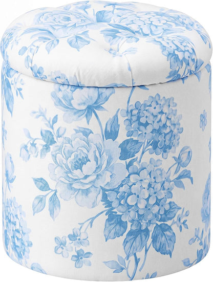Blue Damask Tufted Round Ottoman, 16 Inch