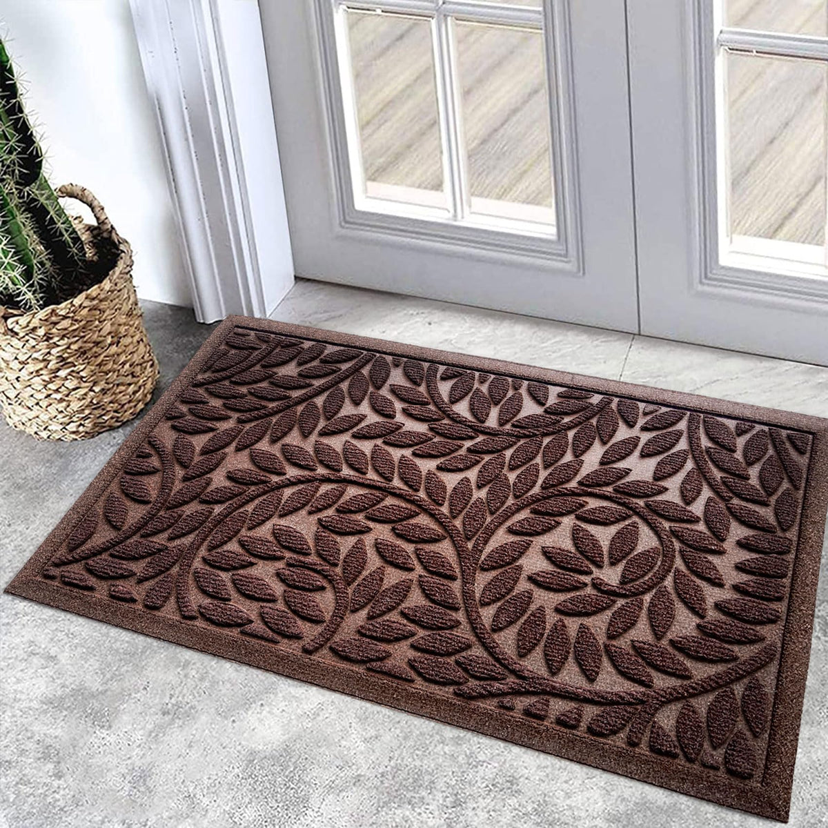 Blue Leaf Front Door Mat, Non-Slip Rubber