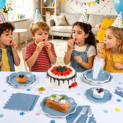 Blue Scalloped Paper Plates and Napkins, Serves 24