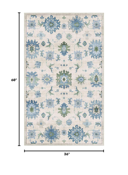 Washable Area Rug, Delft Blue Vintage Floral