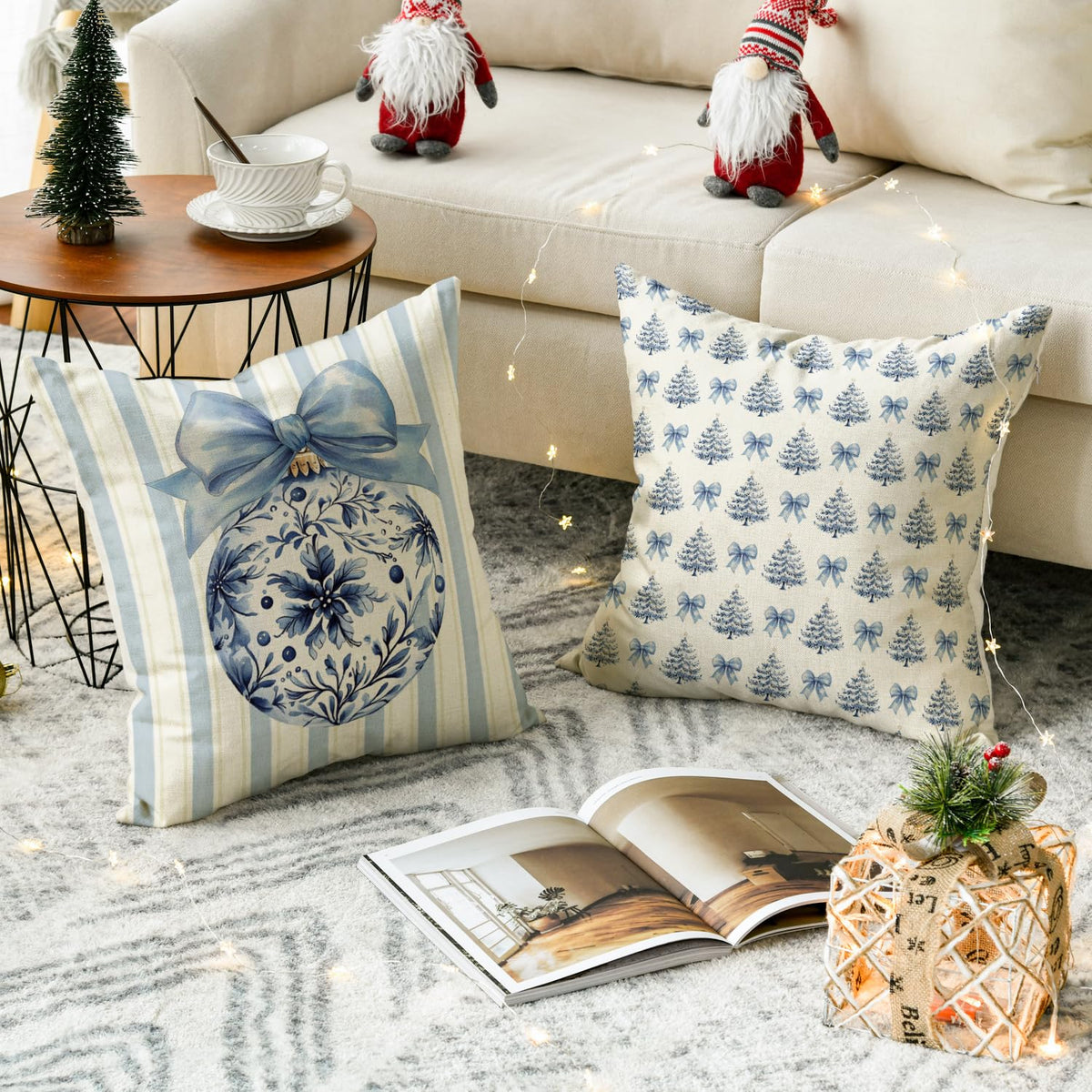 Blue Stripe Christmas Pillow Covers, Set of 4