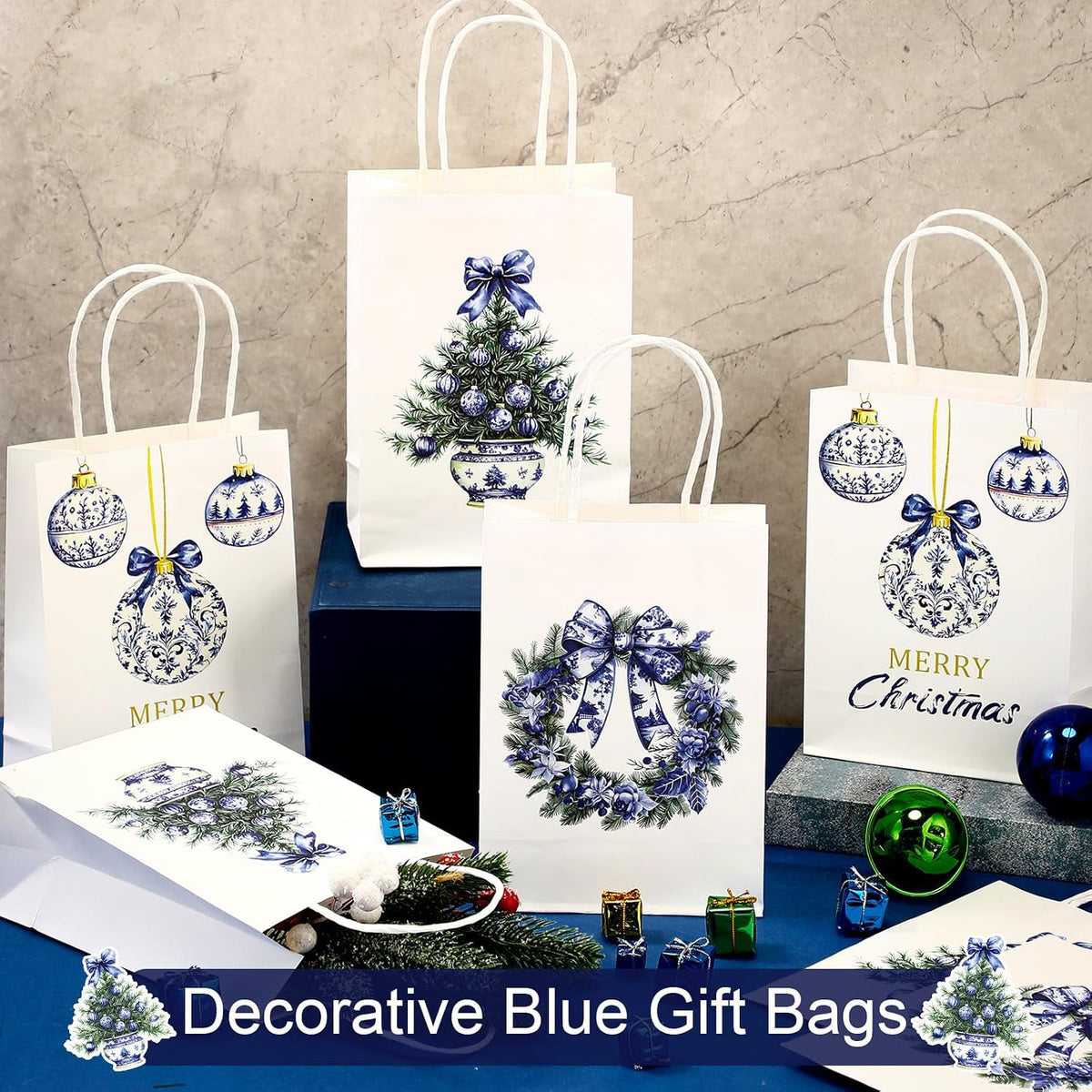 Blue Chinoiserie Floral Christmas Gift Bags, Set of 12