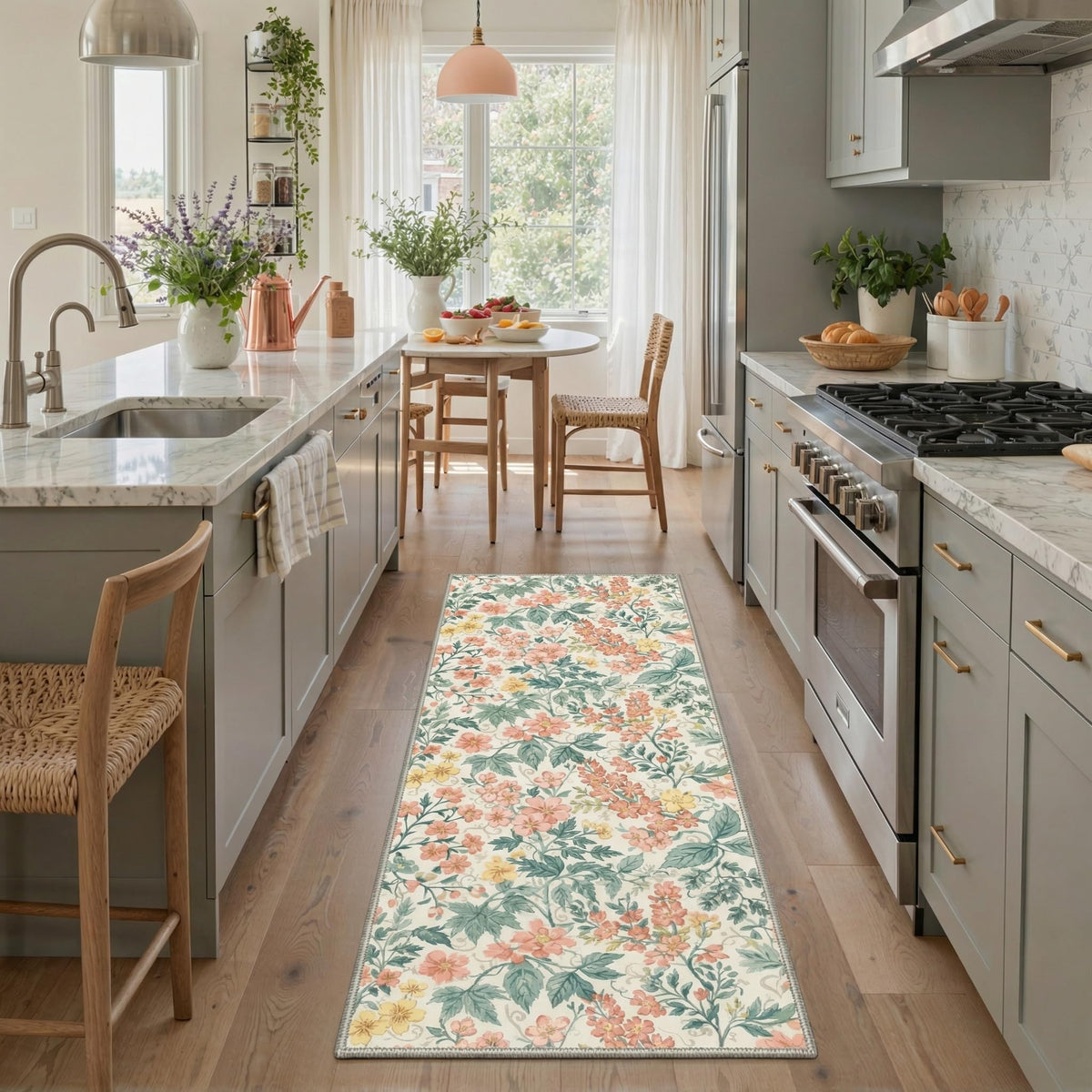 Bavni Dusty Blue Floral Washable Rug