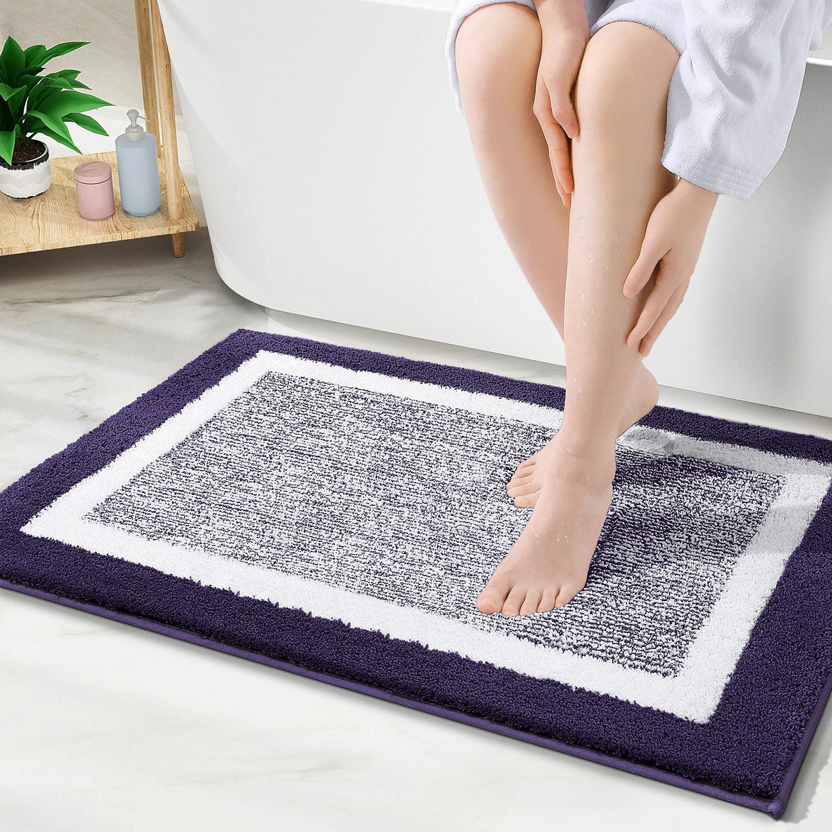 Navy and White Microfiber Bath Rug, 36 x 24