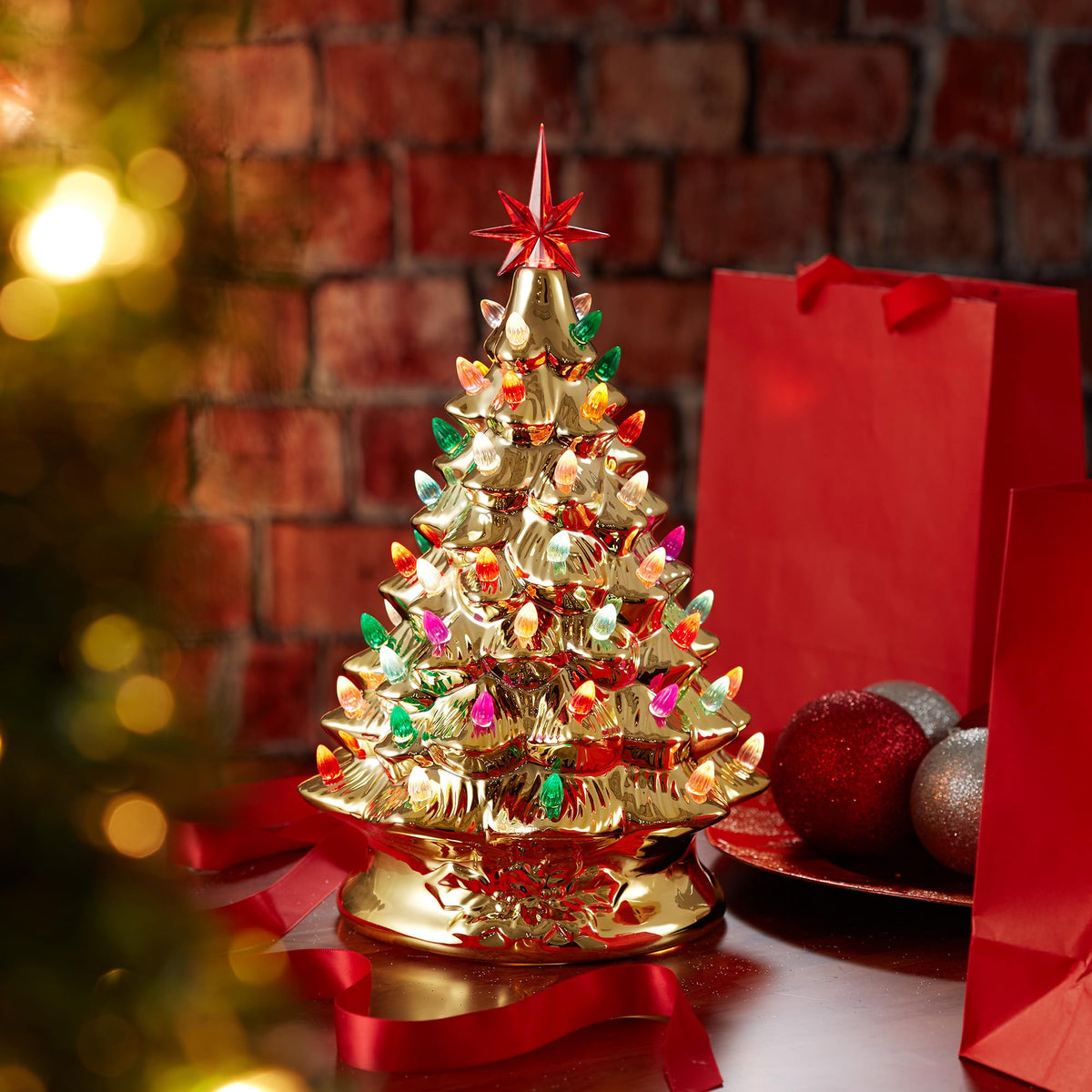 Hand Painted Ceramic Christmas Tree, 15 Inch Pre-Lit