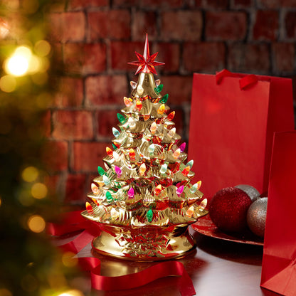 Hand Painted Ceramic Christmas Tree, 15 Inch Pre-Lit