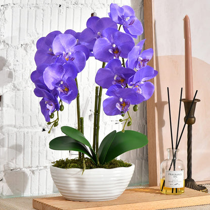 Faux Orchid in Navy Ribbed Ceramic Pot