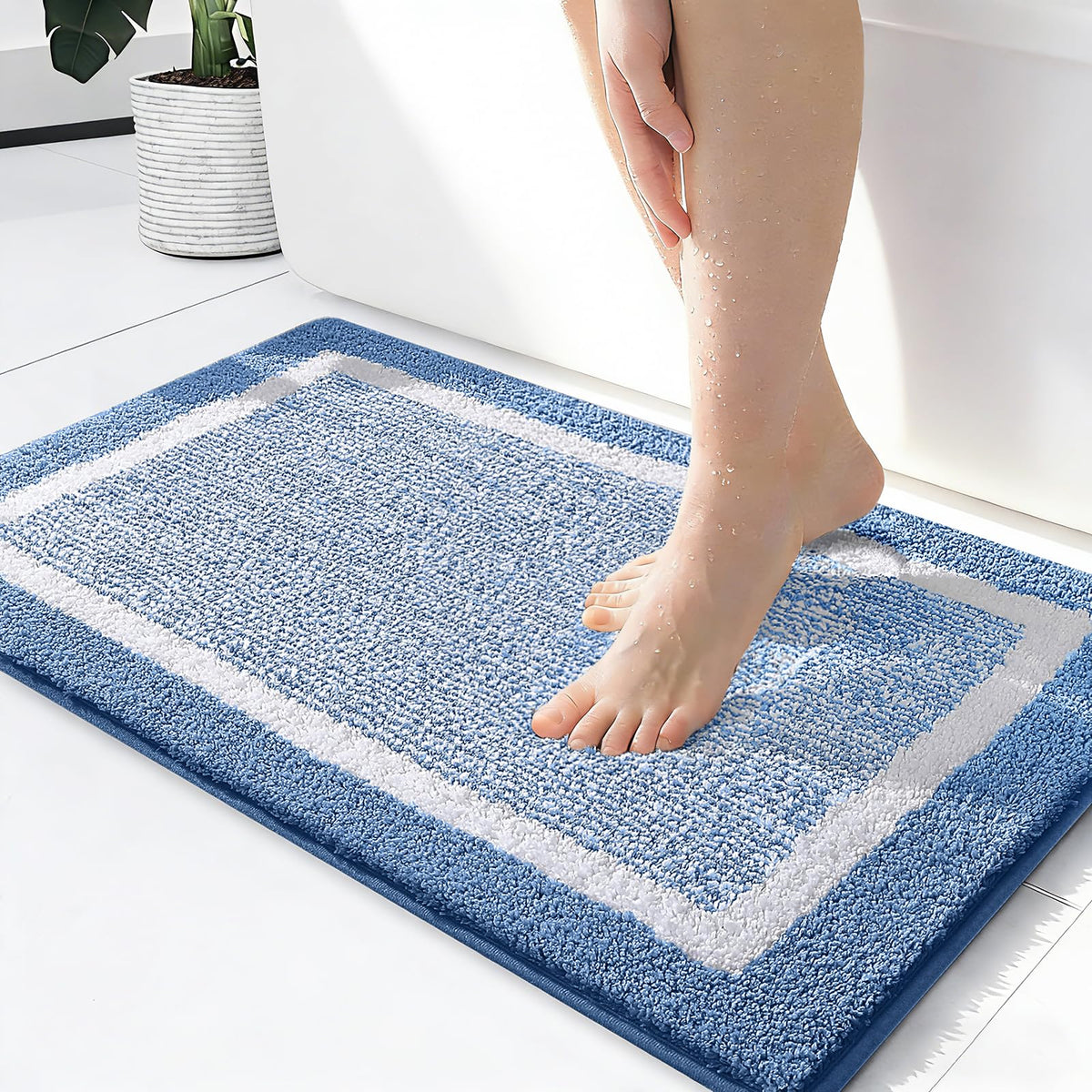 Navy and White Microfiber Bath Rug, 36 x 24