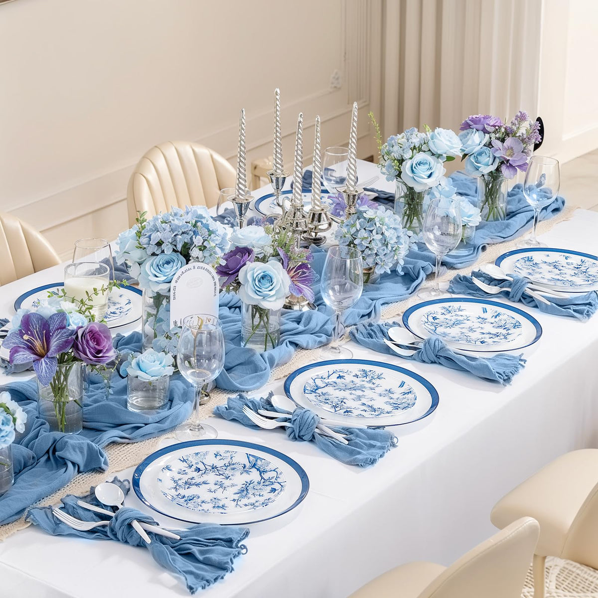 Blue Floral Plastic Plates, 60 Pieces