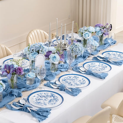 Blue Floral Plastic Plates, 60 Pieces