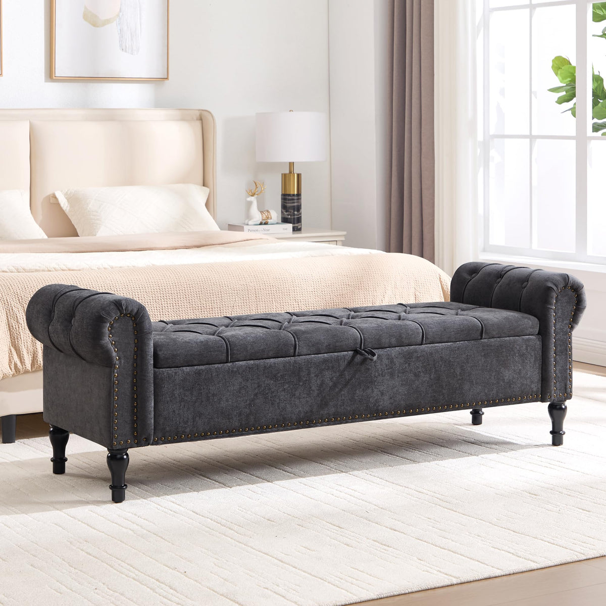 Navy Velvet Tufted Storage Bench