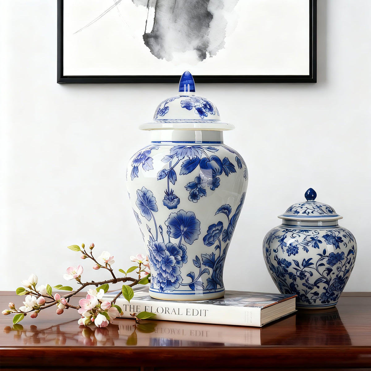 Blue and White Ginger Jar with Lid, 11 Inch