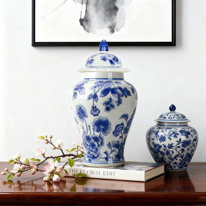 Blue and White Ginger Jar with Lid, 11 Inch
