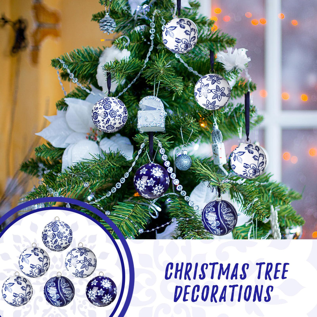 Blue and White Porcelain Christmas Balls, Set of 6 or 12