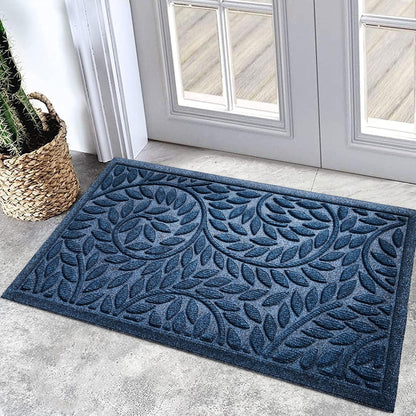 Blue Leaf Front Door Mat, Non-Slip Rubber