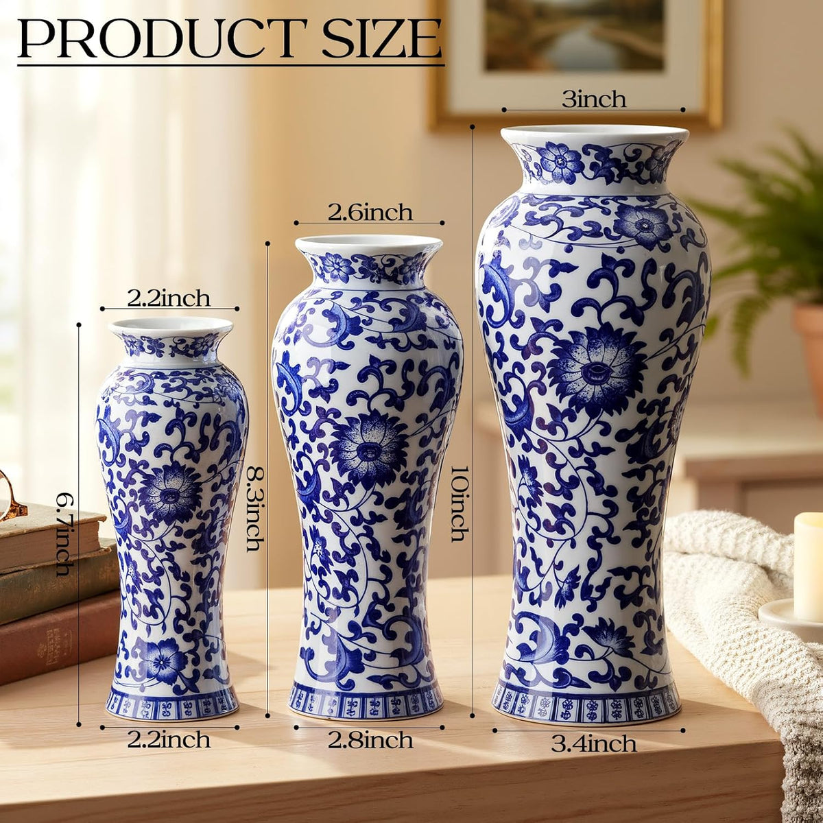 Set of 3 Blue and White Chinoiserie Vases